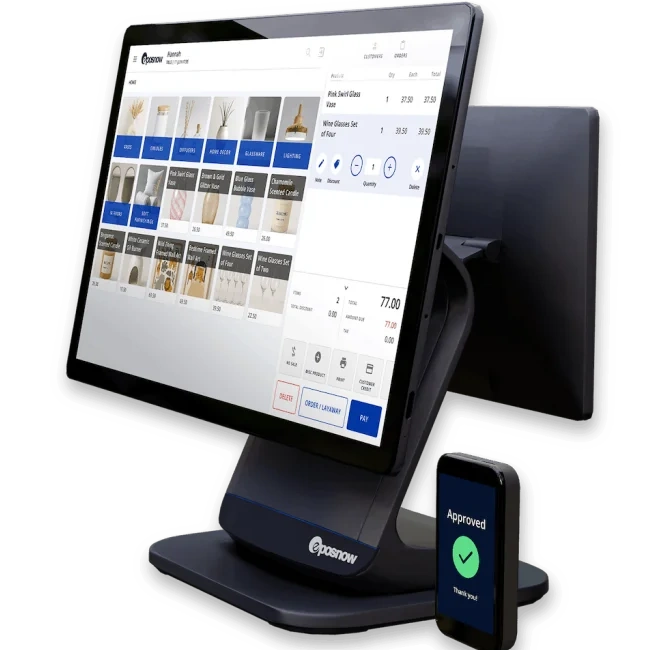 Modern EPOS touchscreen, receipt printer and payment terminal